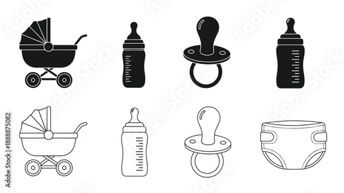Black and white icons depicting baby items strollers bottles pacifiers and diapers