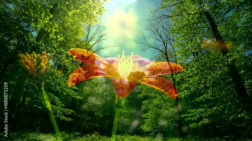 Beautiful Sunlight Shining Through Green Leaves in Forest Canopy.