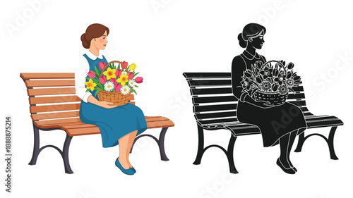 A woman with flowers sits on a park bench shown in color and silhouette