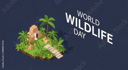World wildlife day illustration with tropical island and wooden walkway on dark blue background