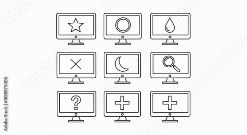 A collection of nine computer monitors displaying various simple line drawn icons in a grid layout