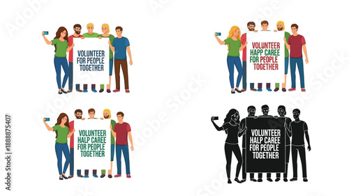 Diverse group of people holding signs promoting volunteerism and community care