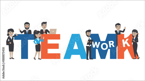 Diverse group of people forming the word teamwork with colorful letters