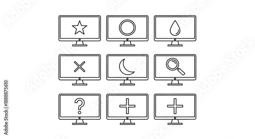 A collection of nine simple black and white outlined icons displayed on computer monitors