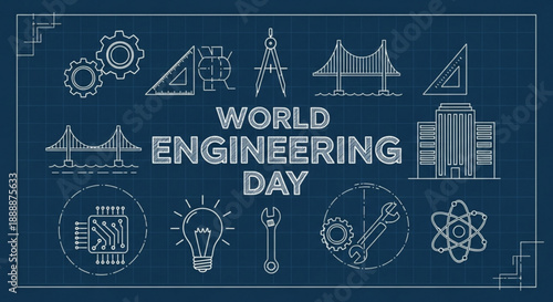 World engineering day celebration with various technical icons and symbols on a blue background