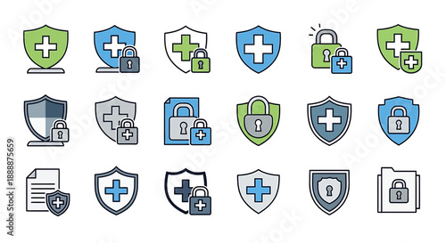 Medical Security Icons: Shield, Cross, Lock, Healthcare Protection, Safety Concept