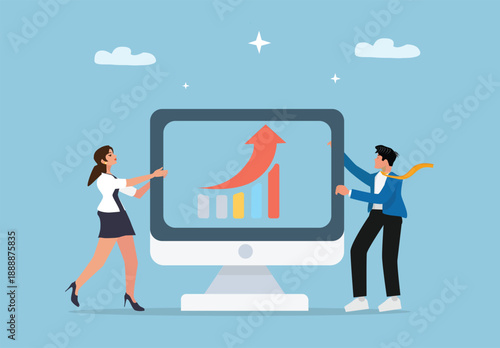 Business Growth Illustration Featuring Two Professionals Standing Beside a Computer Monitor Displaying a Colorful Bar Chart and Upward Arrow Representing Data Analysis, Corporate Success, and Strategi