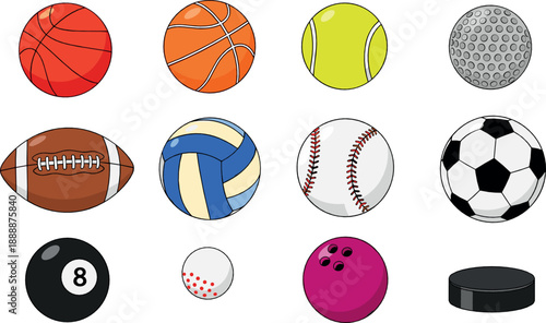 Sports ball collection vector with basketball, soccer ball, baseball, tennis ball, bowling ball, volleyball, hockey puck, and game equipment illustration