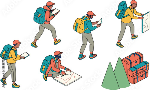 Hiker planning adventure with map and backpack in various outdoor settings