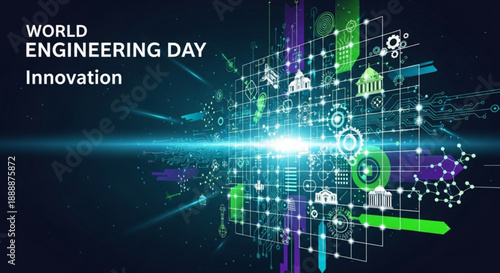 World engineering day innovation concept with glowing grid and symbols on dark background
