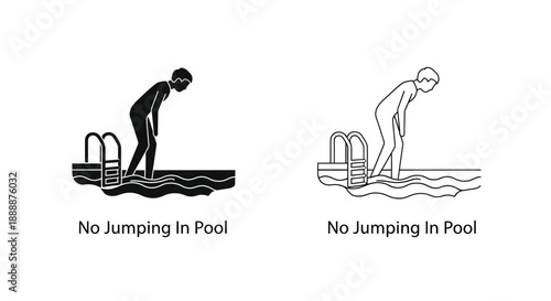 Black and white illustrations depict no jumping in pool warning signs