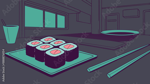 Delicious sushi rolls on plate with chopsticks in modern restaurant setting