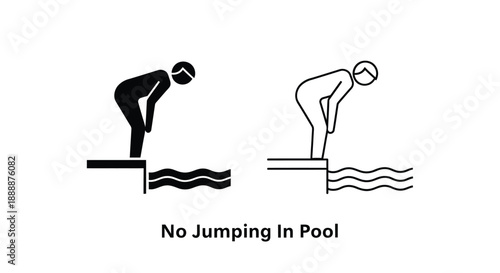 Black silhouettes depict divers and a no jumping warning by a pool
