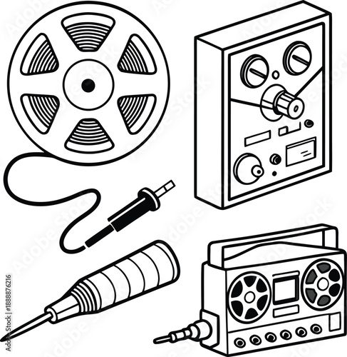 Vintage audio equipment icon collection. Includes tape reel, soldering iron, radio, and drill icons. Created in line art style with black and white palette