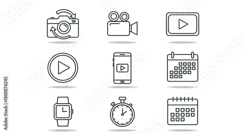 A collection of minimalist line art icons representing filmmaking photography time and media devices