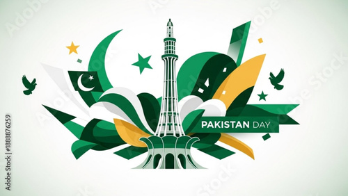 Pakistan Day Celebration with Minar-e-Pakistan Monument, Green and White Flags, Stars and and Ribbon