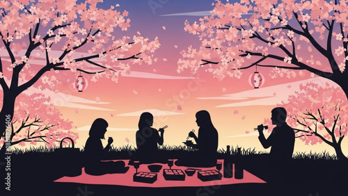 Family Picnic under Cherry Blossom Trees at Sunset