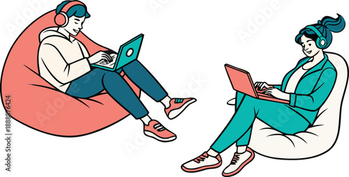 Two young professionals relaxing in bean bags while working on laptops