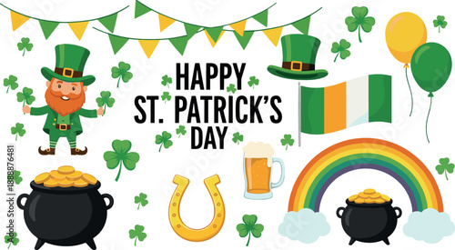 St Patrick’s Day celebration vector set with leprechaun, shamrocks, rainbow, pot of gold, Irish flag, beer, and festive decorations
