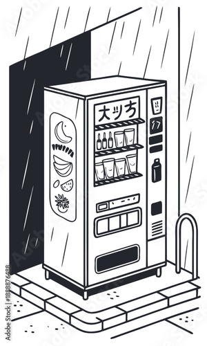 Vending machine on rainy sidewalk in city