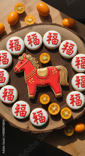 Vertical shot of red horse cookie and lucky fu biscuits. Chinese new year baking concept. Festive sweet dessert with kumquat fruits on rustic wooden slice