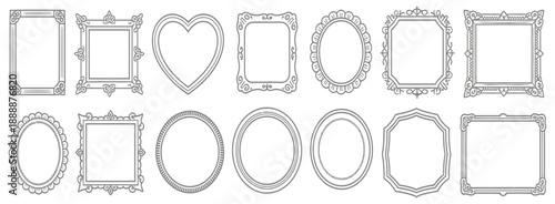 doodle picture frame with hand drawn line vintage border, baroque art style, ornamental decoration, round heart oval shapes, swirl arch design.