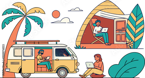Young travelers enjoying freedom of remote work on tropical getaway