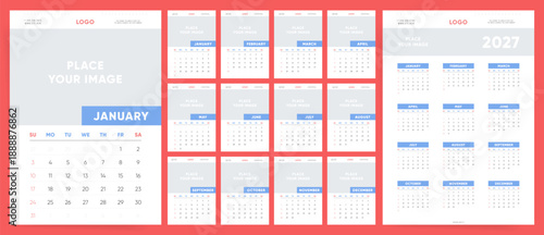 2027 Calendar template design. Week starts on Sunday. Corporate photo wall and desk calendar with logo header. Editable English vector monthly pages layout.
