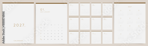 2027 Calendar template design in beige minimal style. Week starts on Sunday. Elegant wall and desk planner. English vector monthly pages and yearly overview layout.
