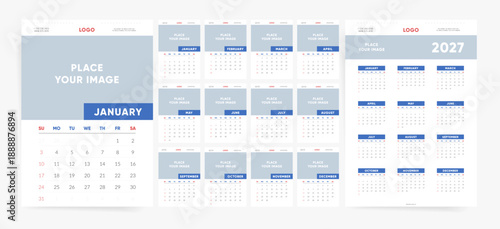 2027 Calendar template design. Week starts on Sunday. Corporate blue photo wall and desk calendar with logo header. Editable English vector monthly pages layout.
