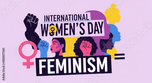International women's day graphic with feminist symbols and diverse faces on purple background