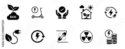 Modern renewable energy and sustainable lifestyle vector image showing icons for electric scooters, green housing, eco-friendly charging, and nuclear power symbols for environmental awareness
