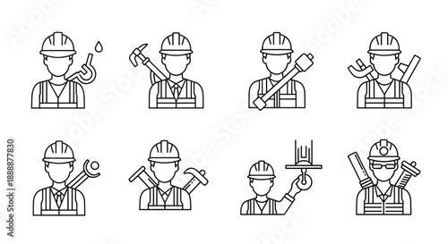 A collection of line art icons depicting various construction workers wearing hard hats and carrying essential tools for their respective trades.