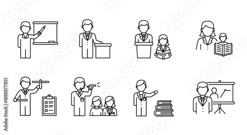 A collection of linear vector icons depicting various professional individuals engaged in teaching, presentations, and learning activities.