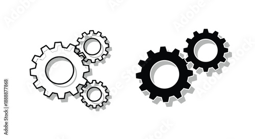 A visual depiction of interlocking gears showcasing both white and black variations against a plain background