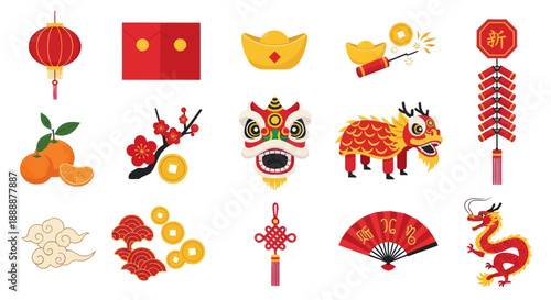 Chinese New Year Icons: Dragon, Lantern, Firecrackers, Oranges, Coins, Fan, Lion Dance