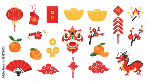 Chinese New Year Celebration Icons: Dragon, Lantern, Lucky Symbols, Oranges, Firecrackers