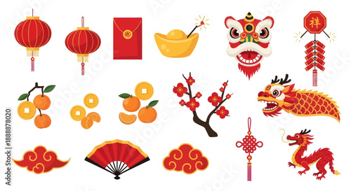 Chinese New Year Decorations: Dragon, Lanterns, Oranges, Red Envelope, Fan, Firecrackers