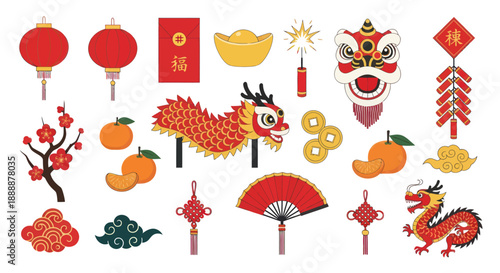Chinese New Year Collection: Dragon, Lanterns, Red Envelopes, Oranges, Firecrackers