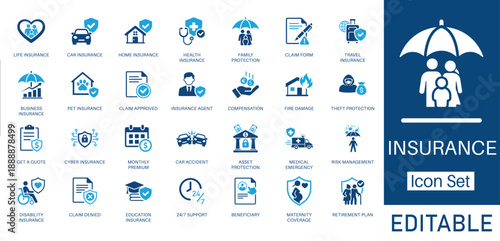 Insurance and Protection solid icon set. Includes symbols for Life, Health, Car, and Home Insurance. Solid vector icons for insurance policy, risk management, and claim services.