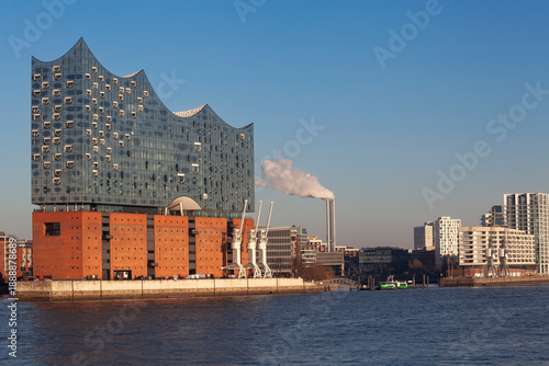 View across the Elbe River towards the Elbphilharmonie concert hall, Hamburg, Germany, Europe