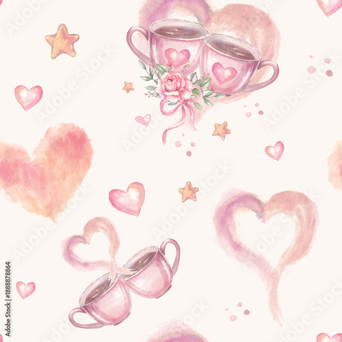 Seamless watercolor pattern with pink coffee cups, hearts, roses and soft pastel splashes. Romantic cozy illustration ideal for Valentine’s Day, wedding designs, textiles, wrapping paper and stationer