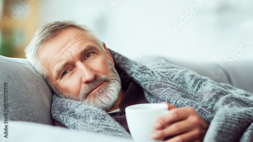 Senior man resting under a blanket on a couch, drinking tea, feeling unwell and recovering from illness or cold