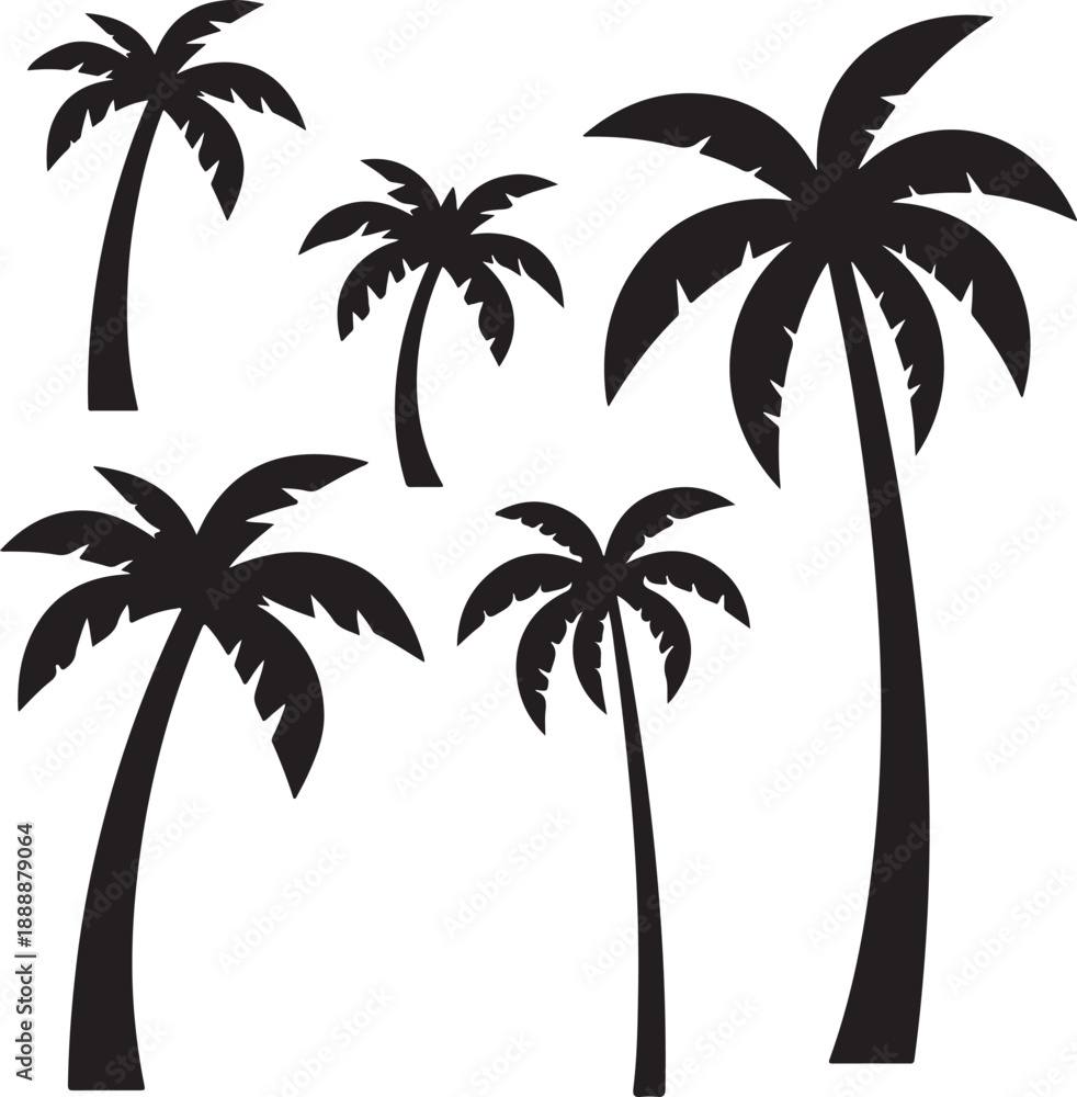 Fototapeta premium set of palm trees, palm, tree, tropical, vector, silhouette, beach, nature, leaf, illustration, summer, coconut, palm tree, island, plant, design, travel, pattern, sea, sun, palms, branch, palmtree