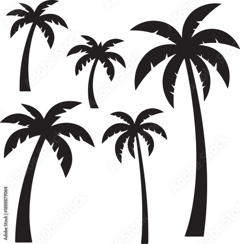  set of palm trees, palm, tree, tropical, vector, silhouette, beach, nature, leaf, illustration, summer, coconut, palm tree, island, plant, design, travel, pattern, sea, sun, palms, branch, palmtree