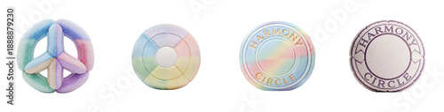 Soft pastel peace sign and harmony circle plush toys isolated on a transparent background