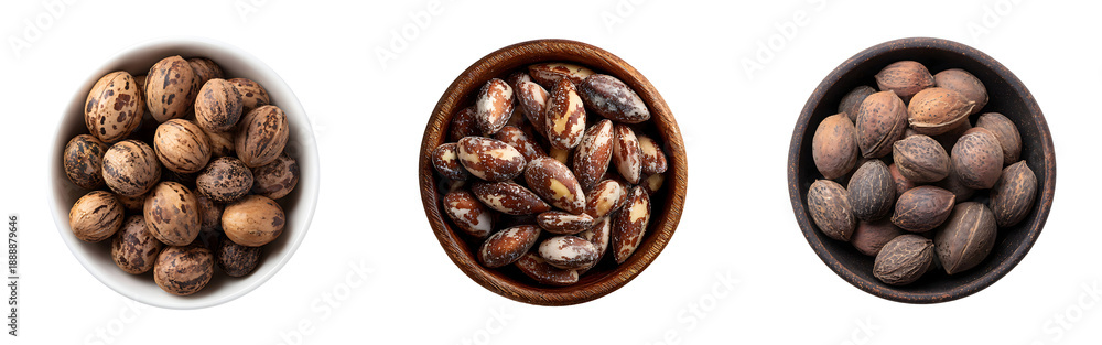 Obraz premium Collection of bowls of assorted nuts isolated on a white or transparent background