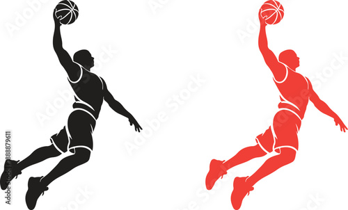 Basketball Player Slam Dunk Silhouette, Powerful Jump Action Vector