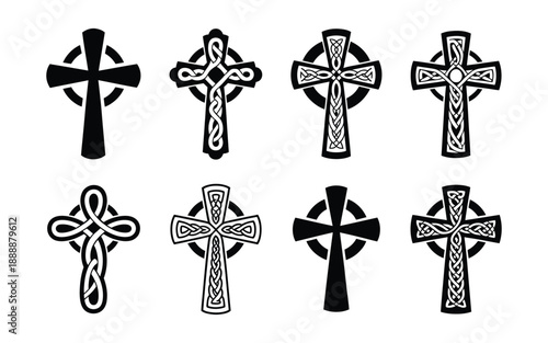 A simple vector illustration of a set of Celtic crosses representing religious faith and spirituality in black and gold
