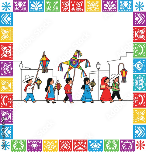 Colorful Mexican Festival Parade with Traditional Lanterns and Pinata Decorations